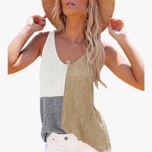 HOTAPEI Women's V Neck Knit Tank Top- Color Block Striped Sleeveless Shirt